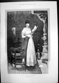 Old Antique Print News From Abroad Knowles 1890 Woman Chair Letter Dress 19th