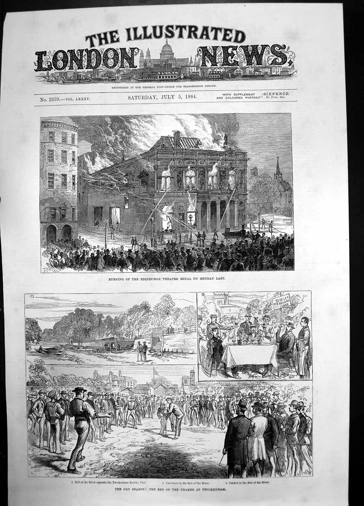 Old Print Dry Season Bed Thames Twickenham Burning Edinburgh Theatre 1884 19th