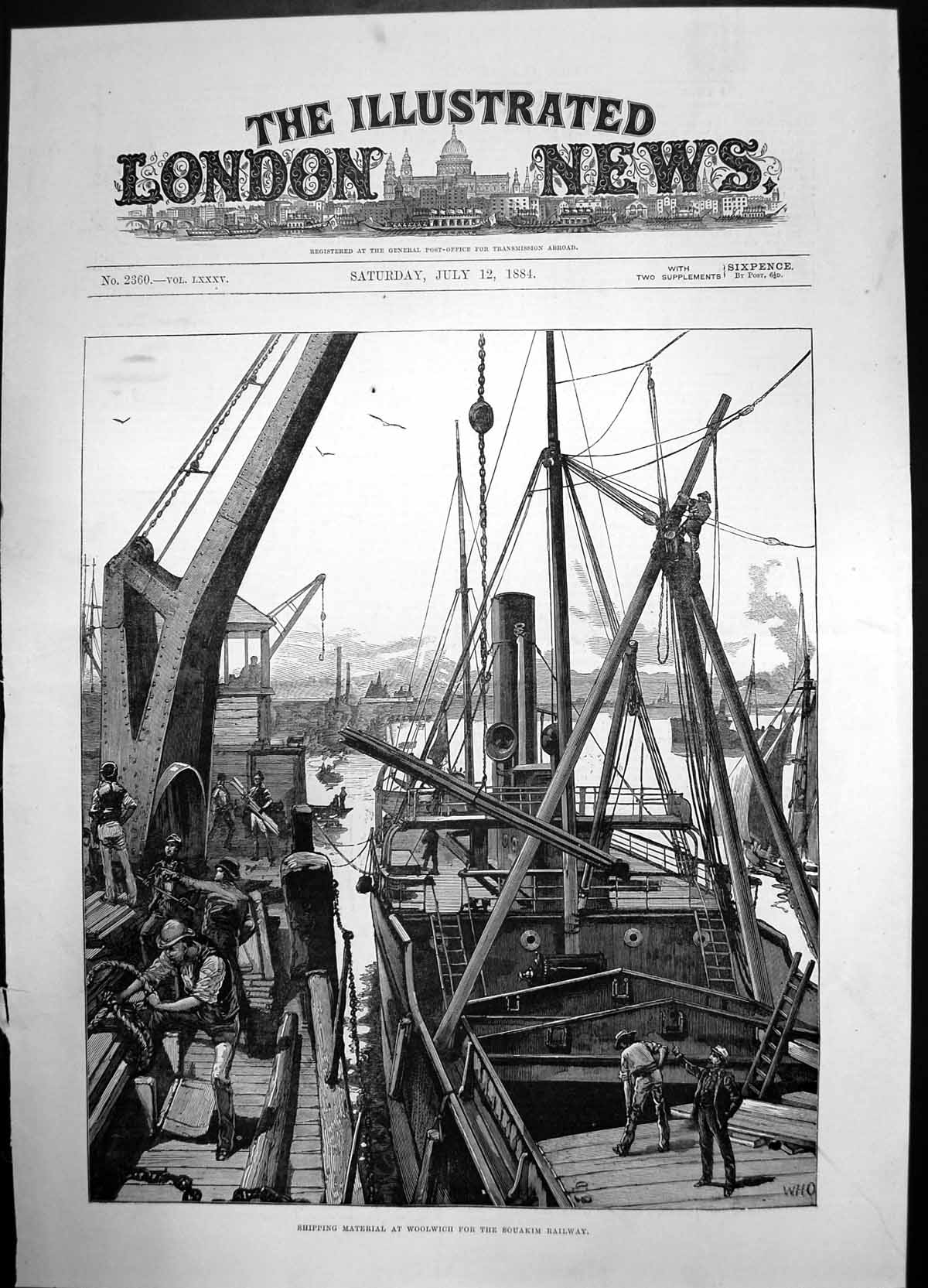 Antique Old Print Shipping Material Woolwich Souakim Railway 1884 Boat Docks
