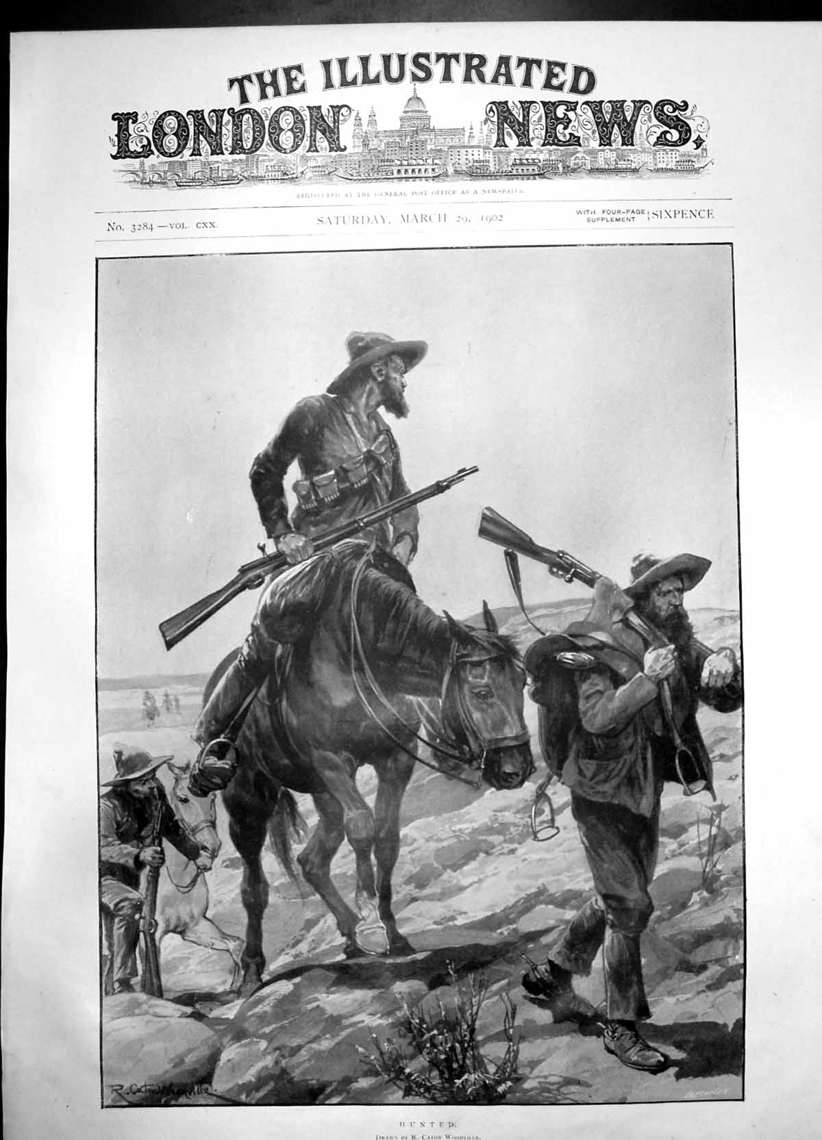 Original Old Antique Print Hunted Woodville 1902 Men Horse Gun Hunting Hills