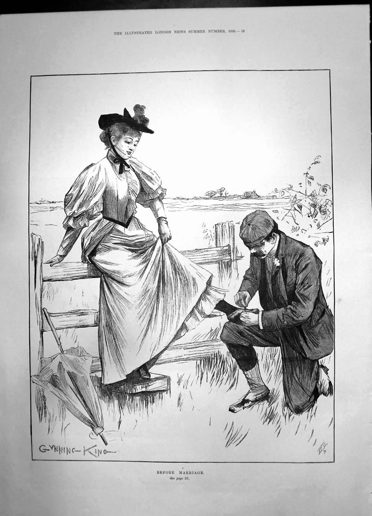 Antique Old Print Before Marriage 1896 Woman Man Unbrella Shoe Tie King Fence