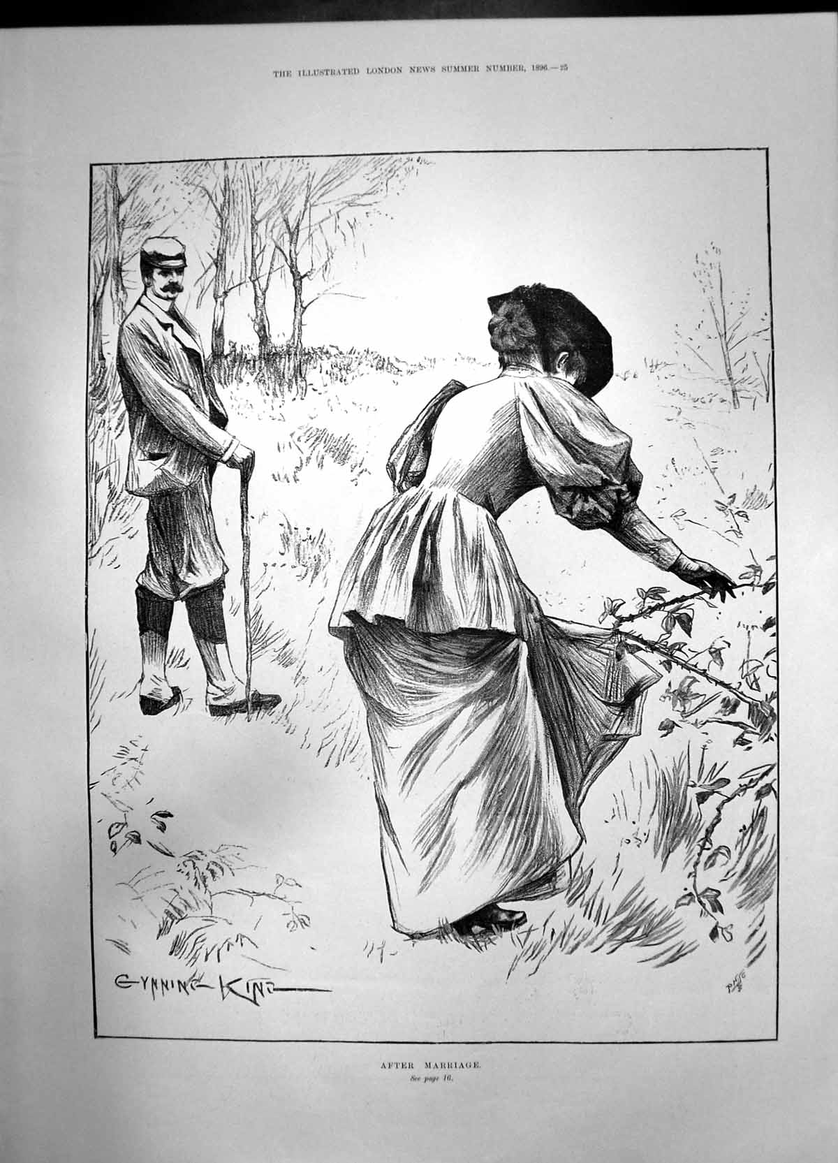Antique Old Print After Marriage 1896 King Woman Man Dress Bushes Thorn Stick