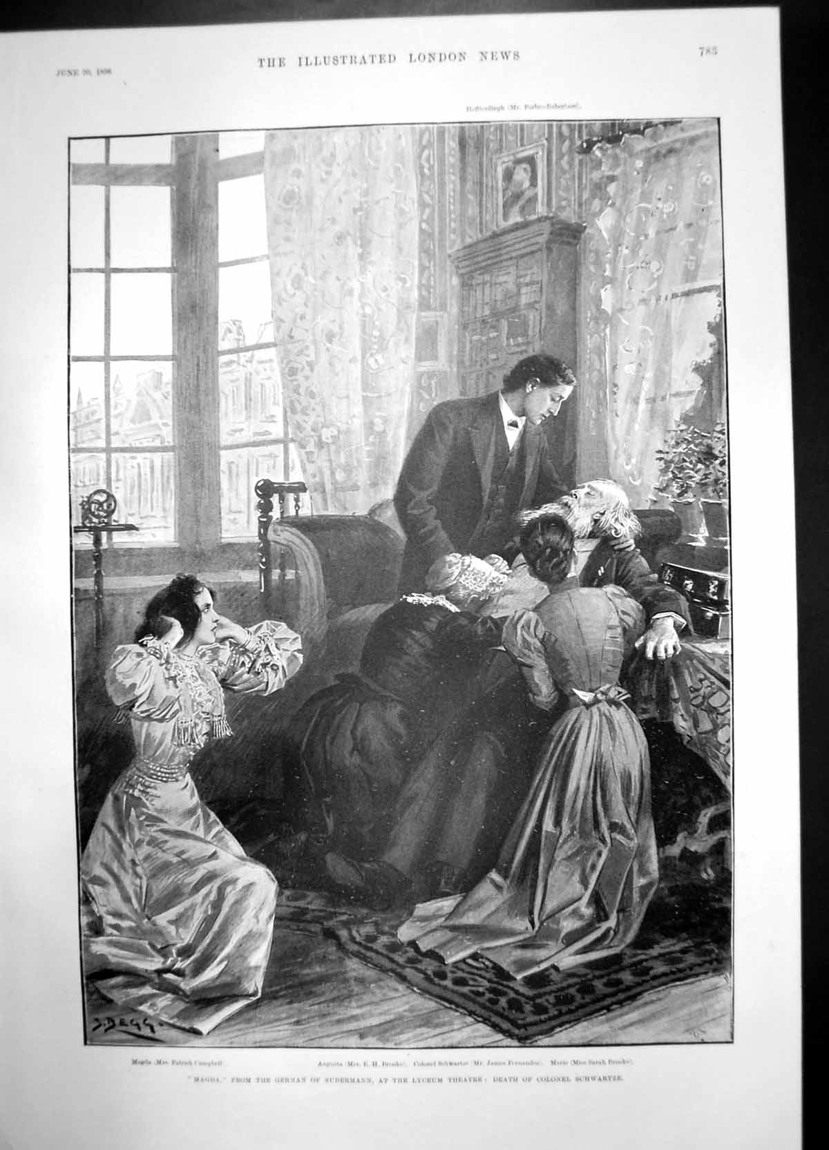 Antique Old Print Magda Sudermann Lyceum Theatre Death Colonel Schwartze 1896