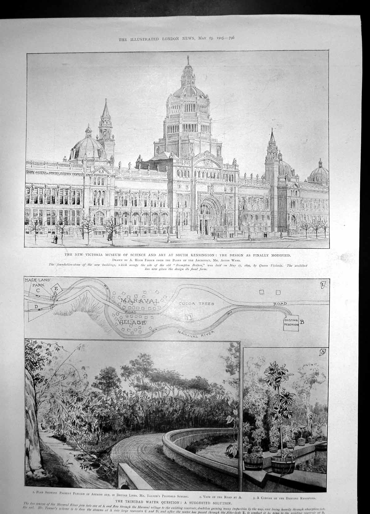 Old Antique Print Museum Science Art South Kensington Trinidad Water 1903 20th