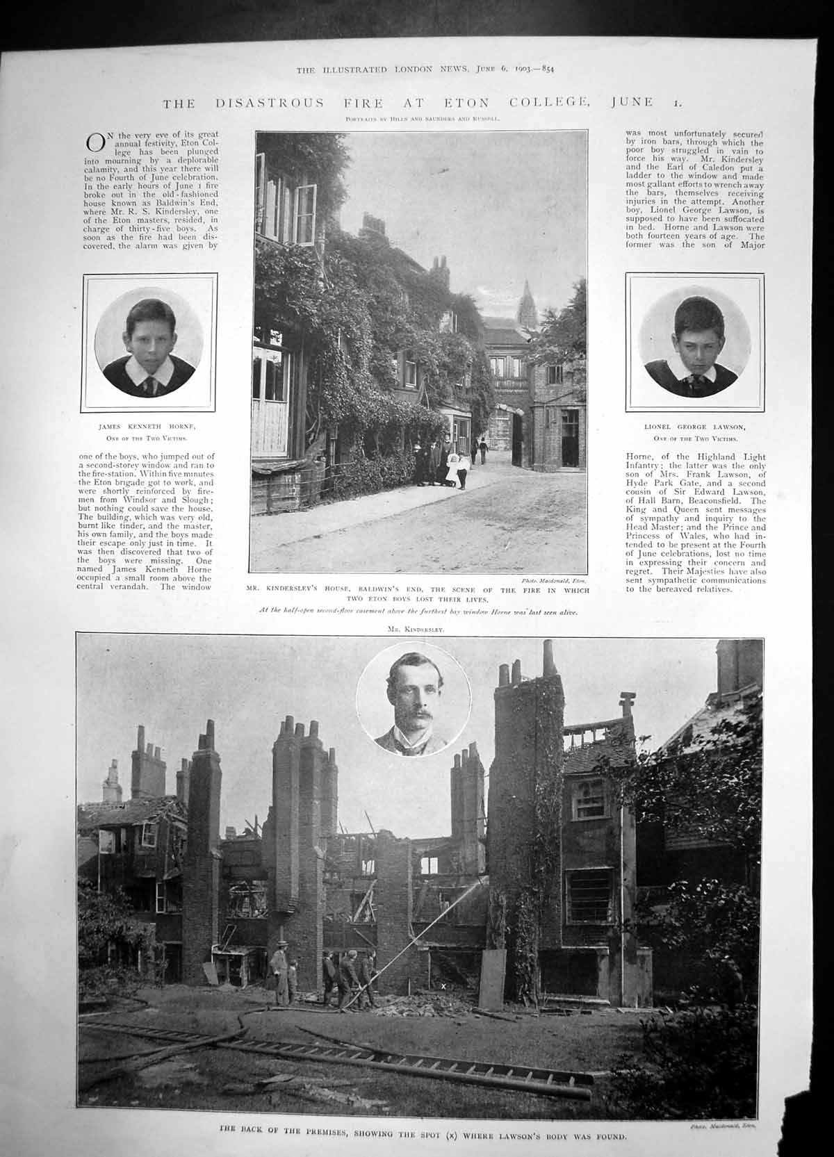 Antique Old Print Disastrous Fire Eton College Lawson Hornf Victim 1903 House
