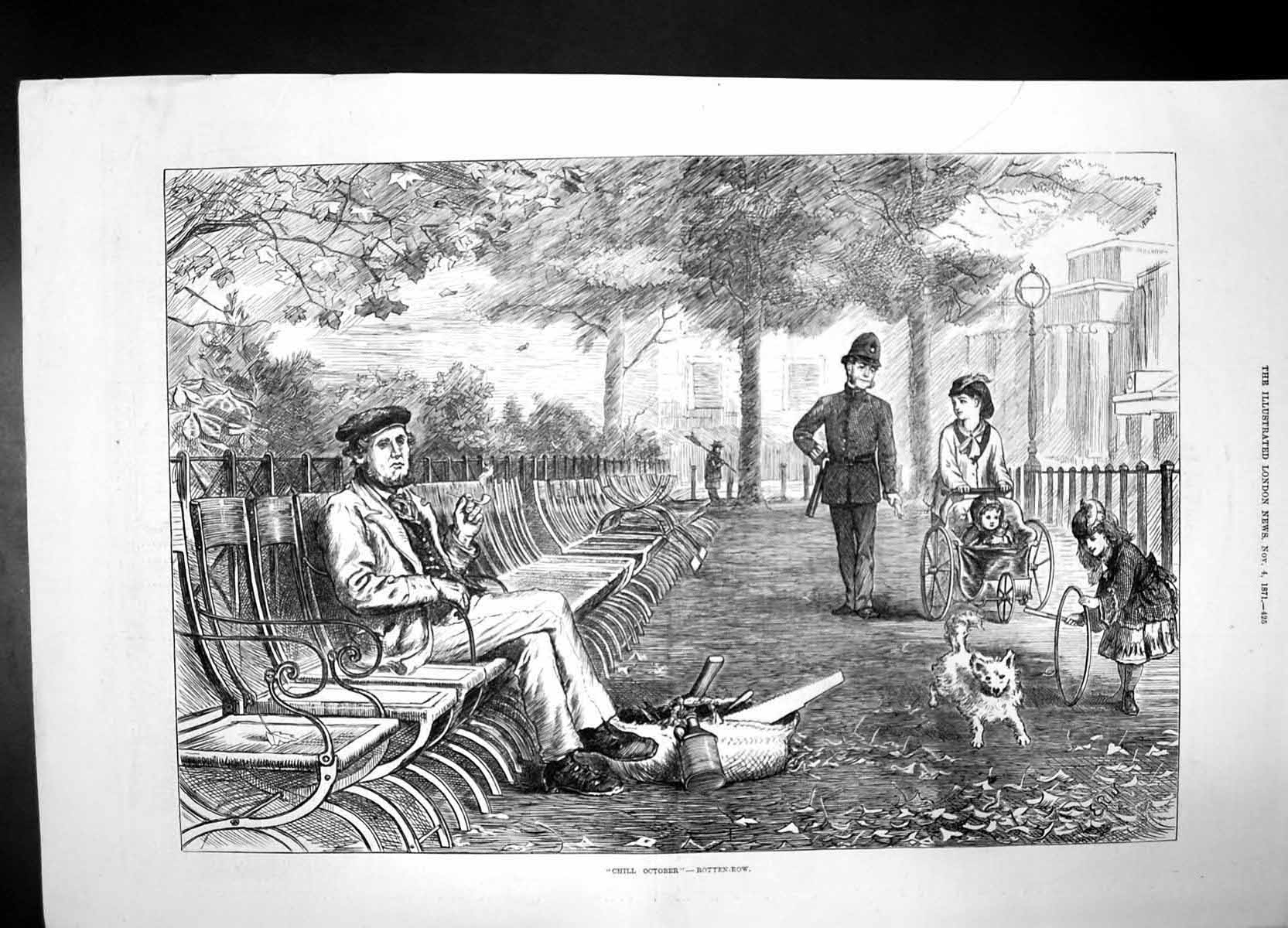 Antique Print Chill October Rotten Row 1871 Police Woman Baby Dog Girl Man 19th