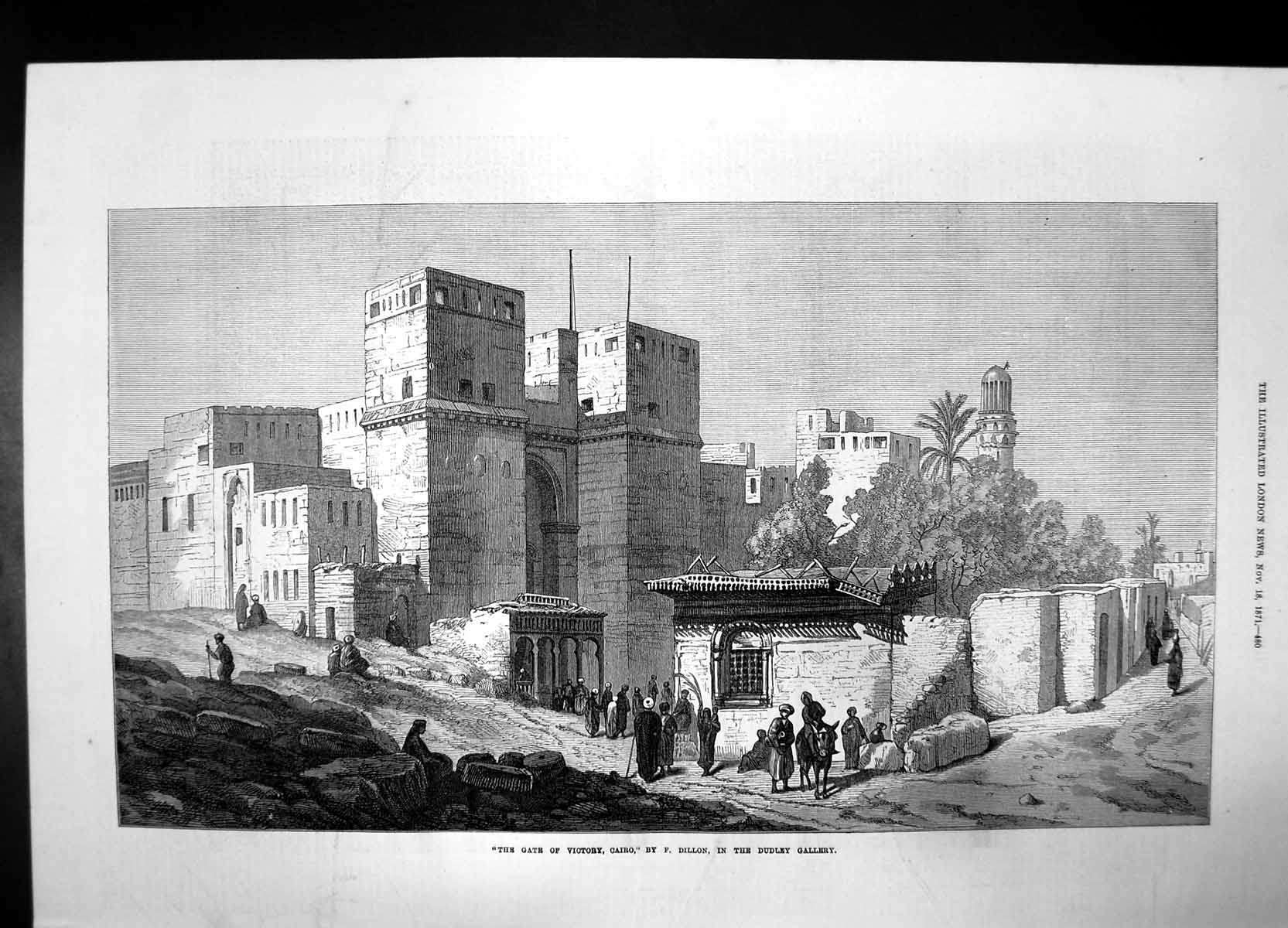 Antique Print Gate Victory Cairo Dillon Dudley Gallery 1871 Village Donkey 19th
