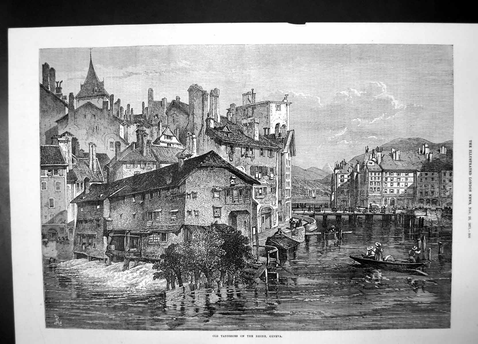 Old Antique Print Tanneries Rhone Geneva 1871 River Bridge Village Boats 19th