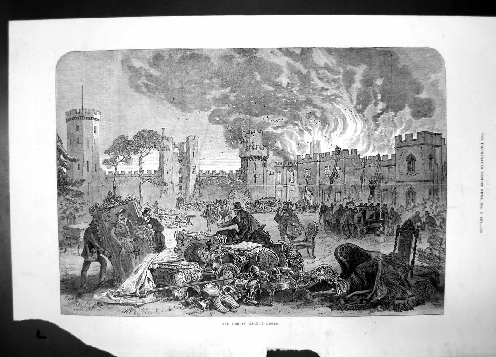 Antique Old Print Fire At Warwick Castle 1871 Posessions Men Burning Building