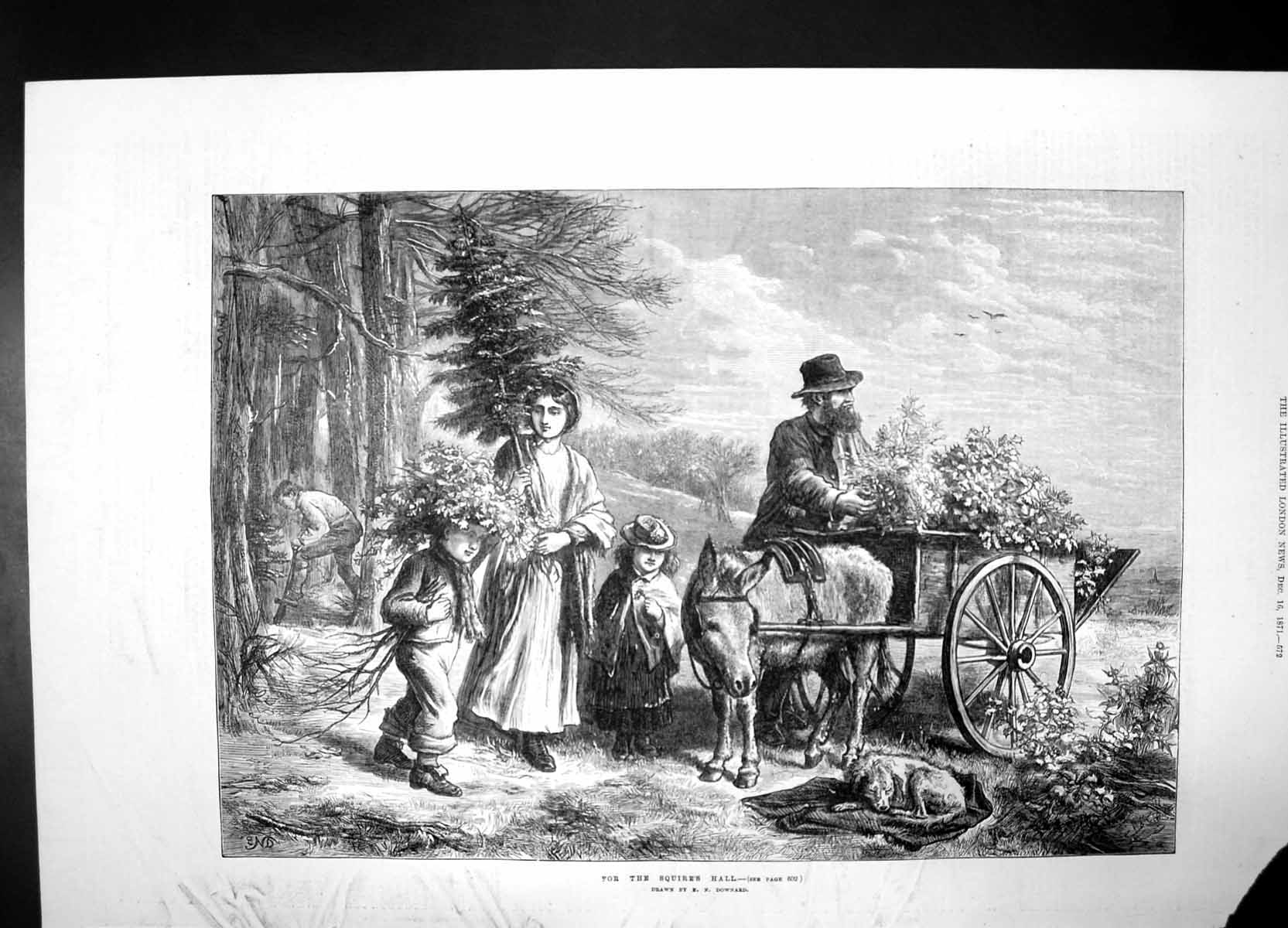 Old Print Squires Hall 1871 Woman Man Children Donkey Cart Flowers Trees 19th