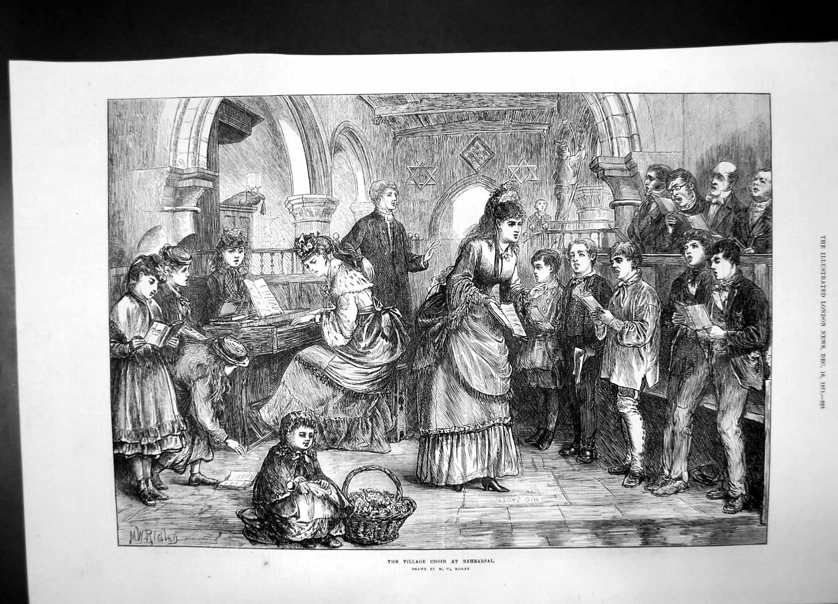 Antique Old Print Village Choir Rehearsal 1871 Singing Piano Church Women Men