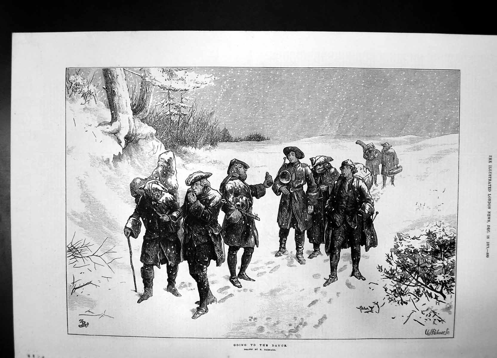 Old Antique Print Going To The Dance 1871 Men Snow Blizzard Walking Music 19th