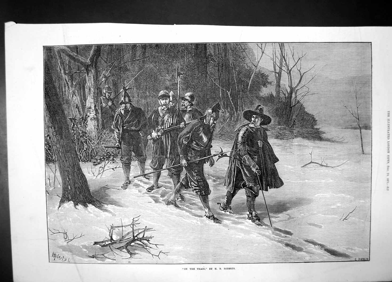 Antique Old Print On The Track 1871 Men Walking Weapons Armour Helmet Snow 19th