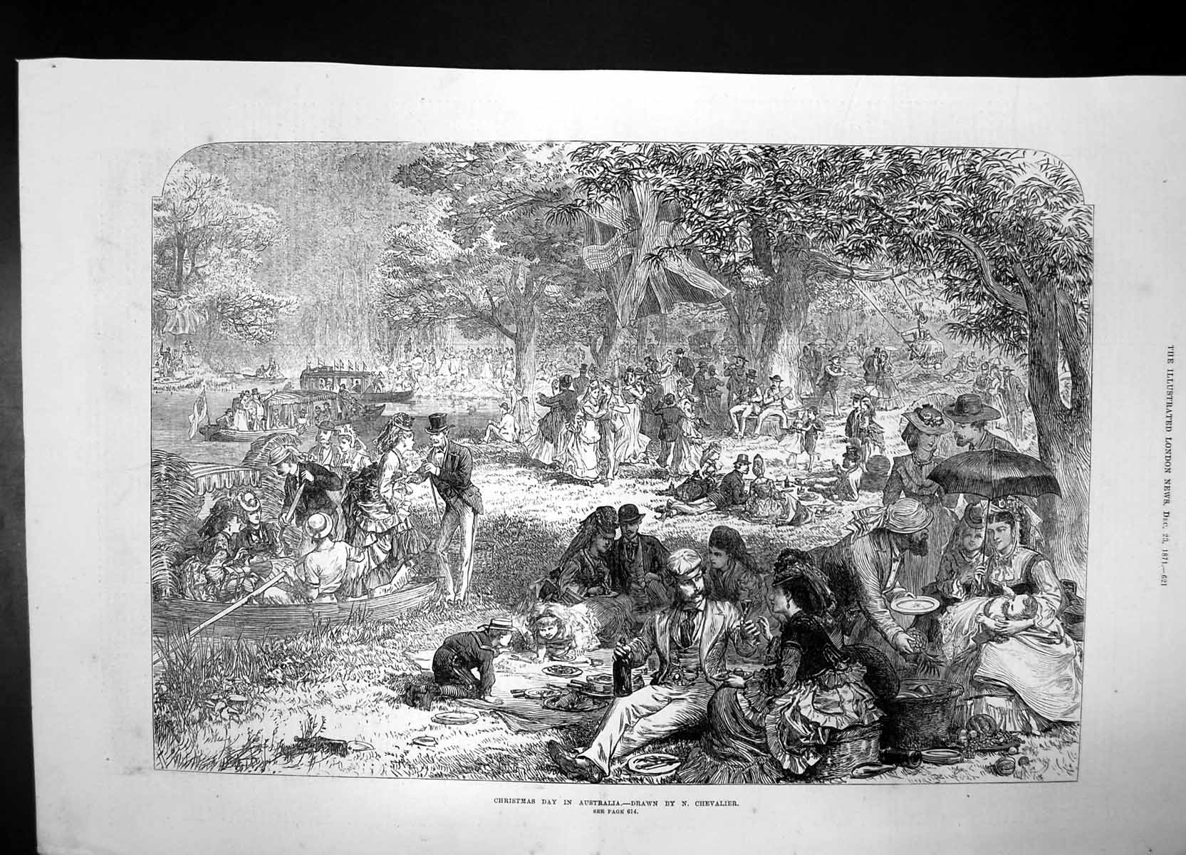 Old Christmas Day In Austrialia Chevalier 1871 Sun Garden Boat Picnic Victorian