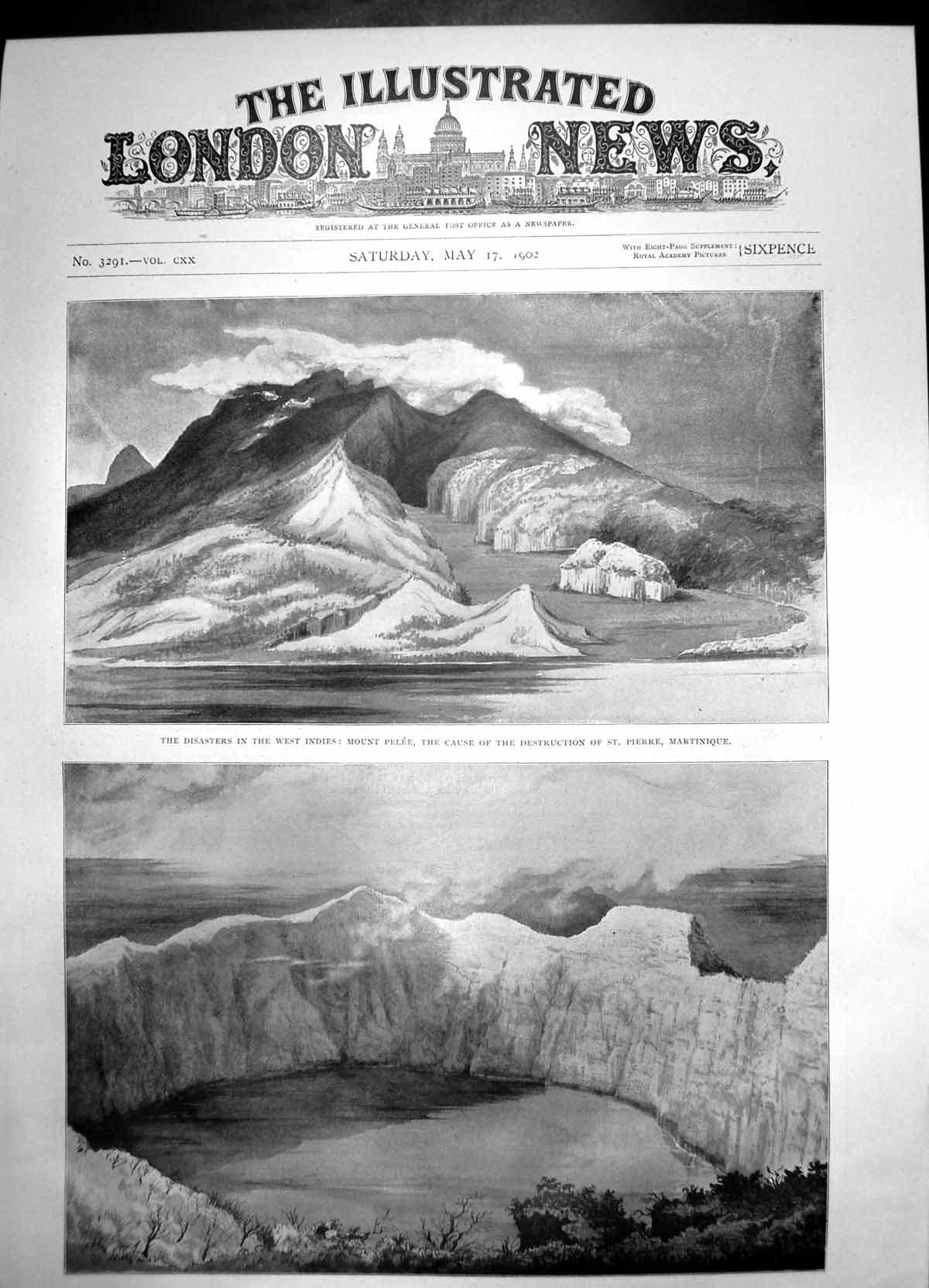 Antique Old Print Disaster West Indies Mount Pelee Eruptions Soufriere 1902