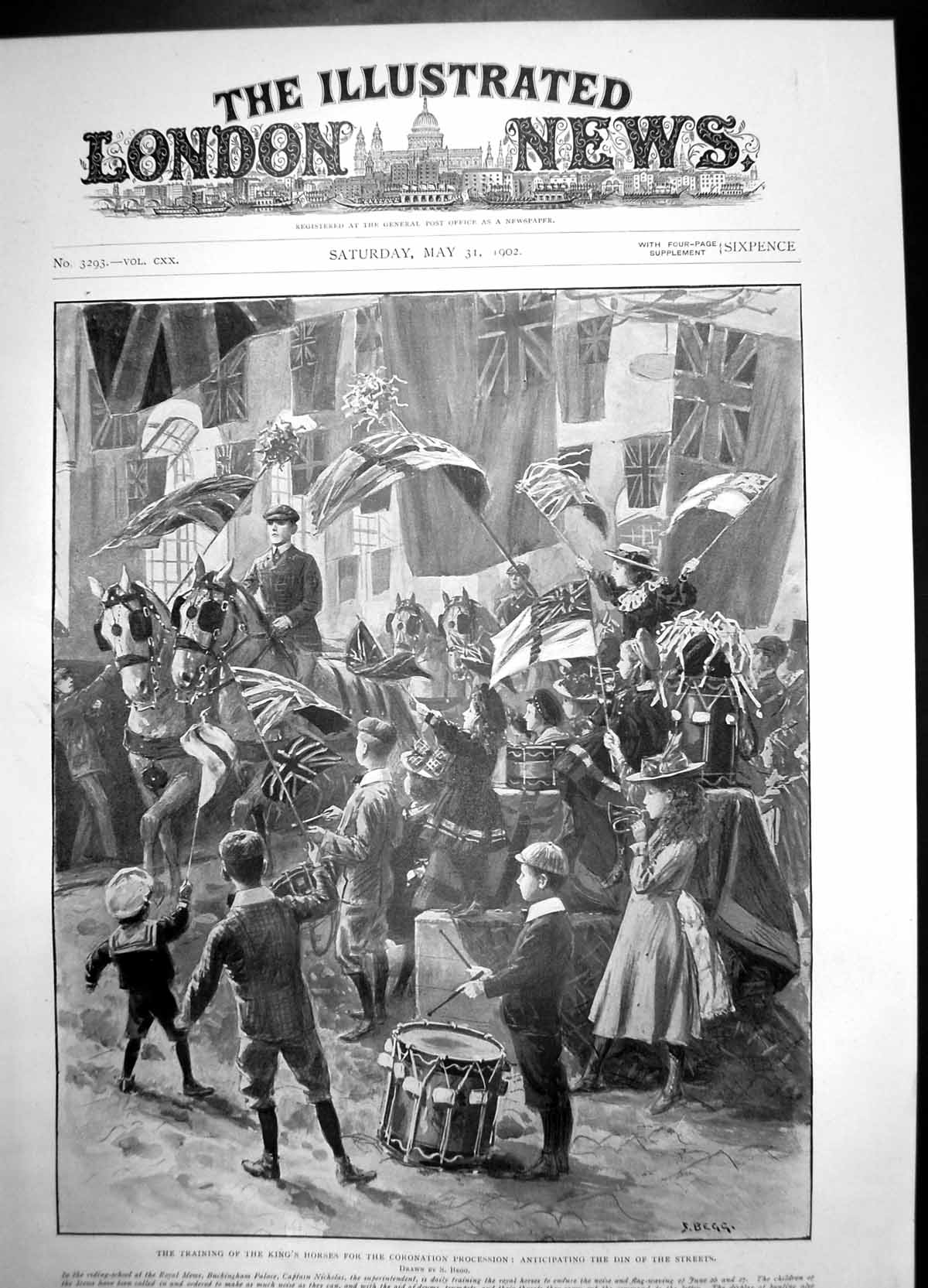 Old Print Training Kings Horses Coronation Procession 1902 Drums Children 20th