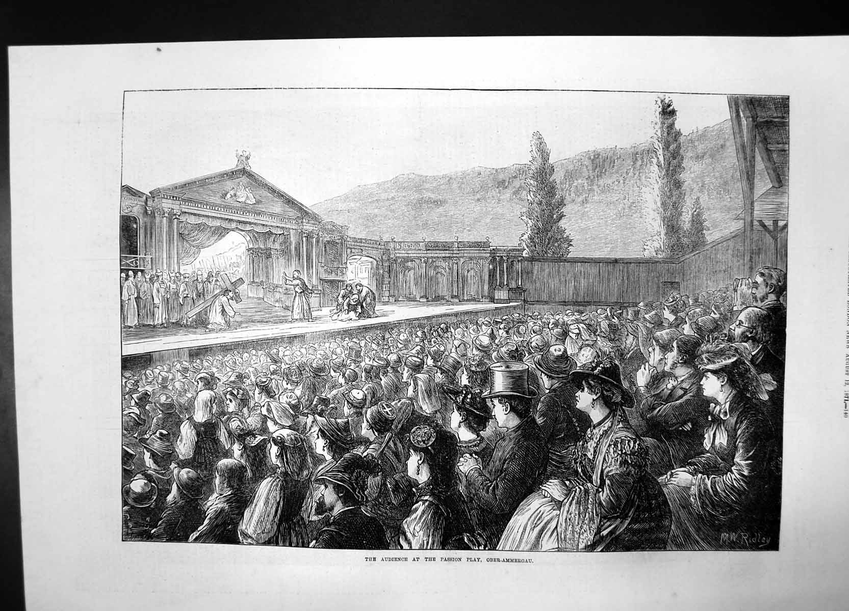 Antique Old Print Audience Passion Play Ober Ammergau 1871 Jesus Cross Crowd