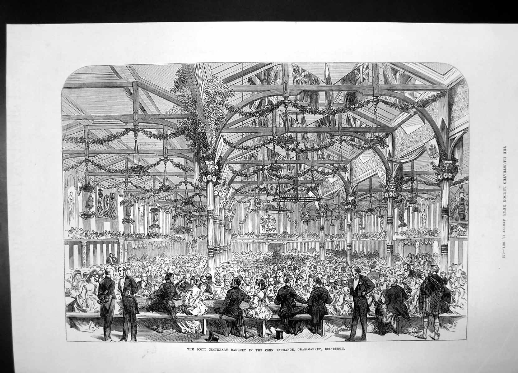 Antique Old Print Scott Centenary Banquet Corn Exchange Edinburgh 1871 Market