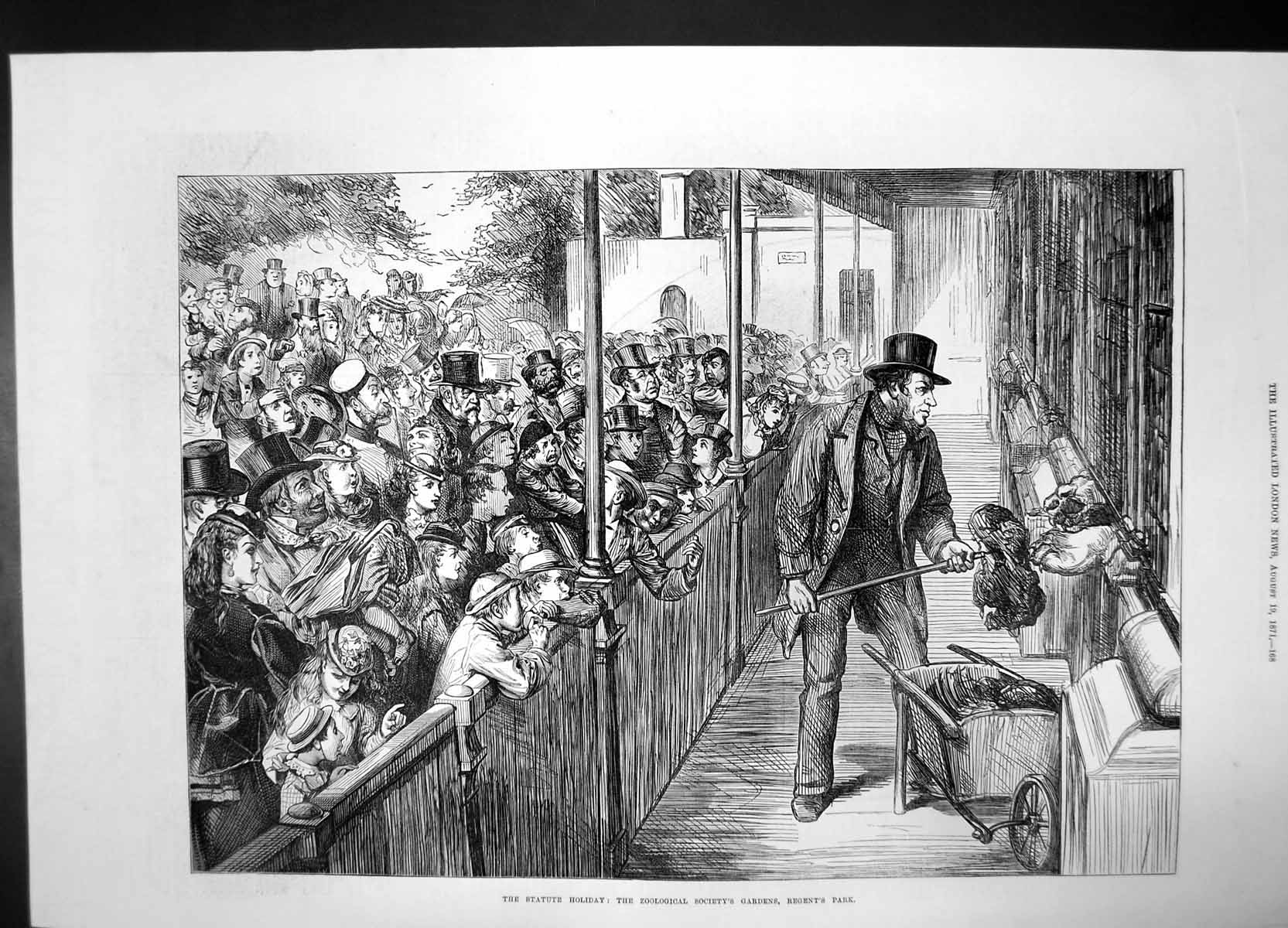 Antique Old Print Statute Holiday Zoological Society Garden Regents Park 1871