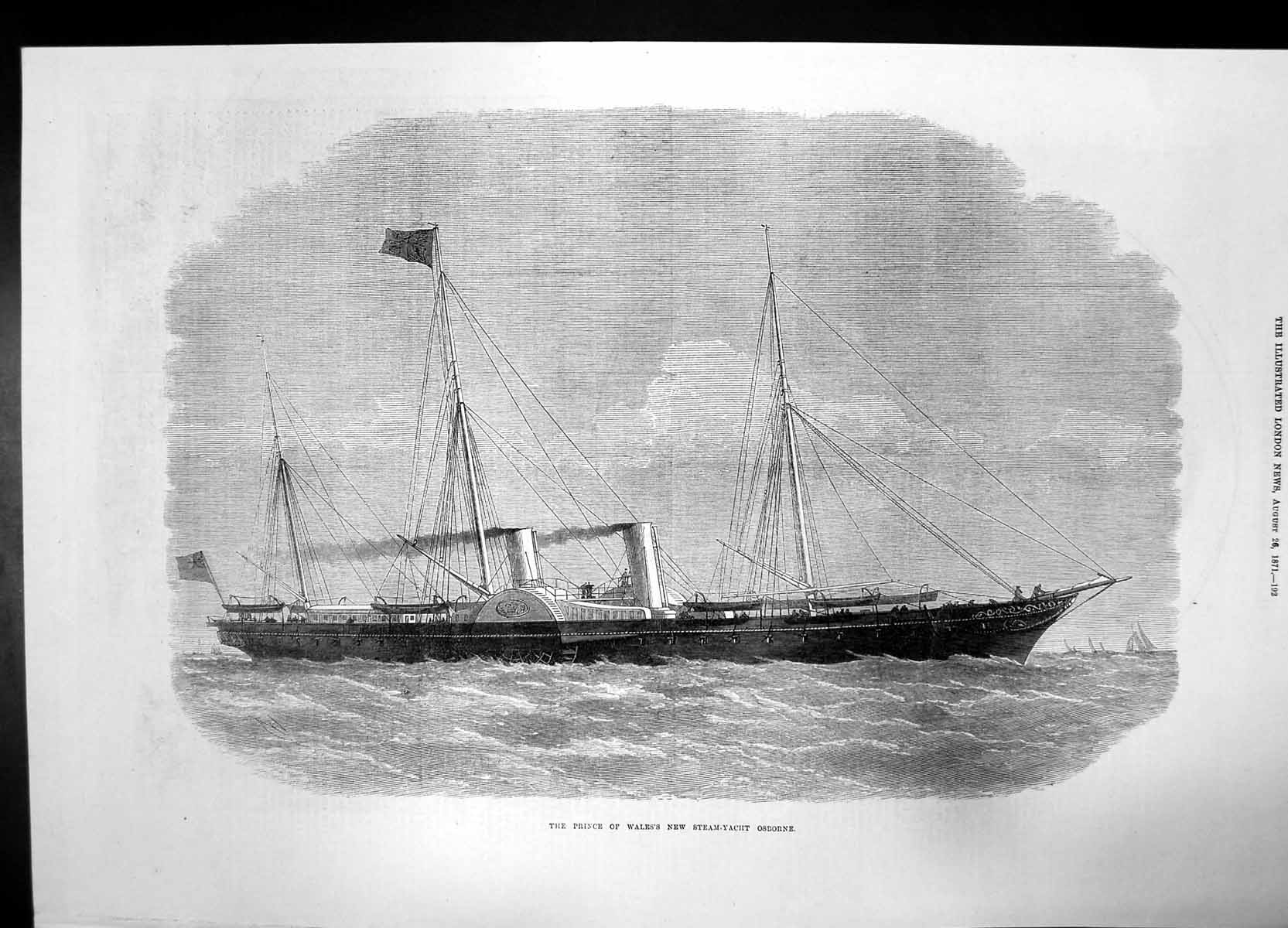 Old Antique Print Prince Wales New Steam Yacht Osborne 1871 Boat Sea Flag 19th