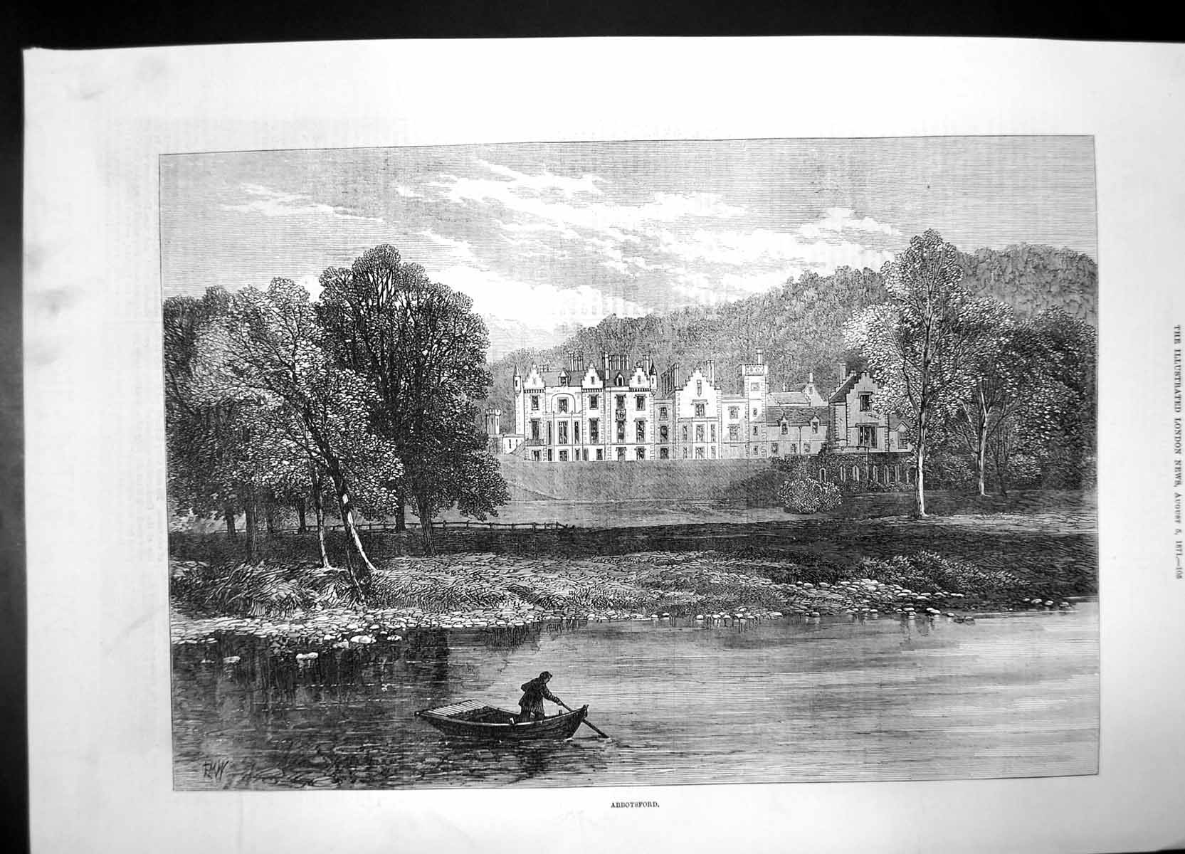 Original Old Antique Print Abbotsford 1871 Boat Lake Trees Building Bank 19th