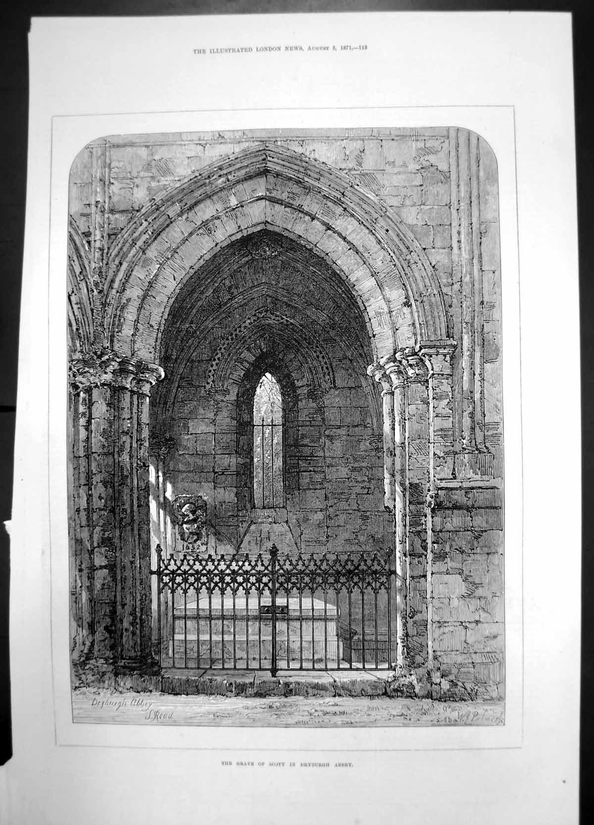 Old Antique Print Grave Scott Cryburgh Abbey 1871 Gates Building S Read 19th