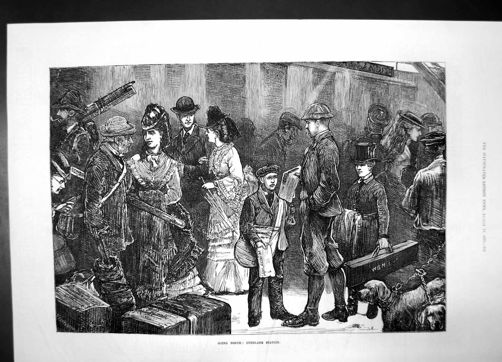Old Print Going North Dunblane Station 1871 Train Women Men Children Dog 19th
