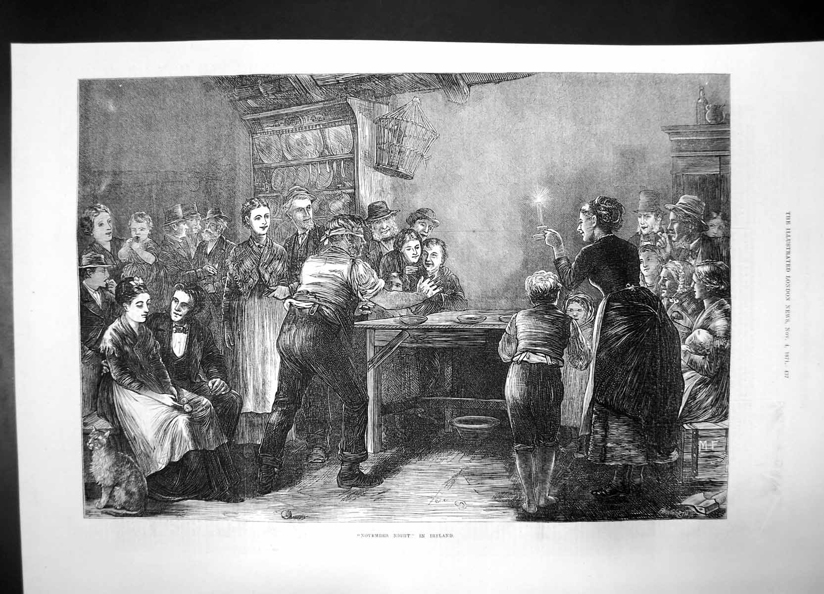 Old Antique Print November Night In Ireland Men Women Children Games Cat