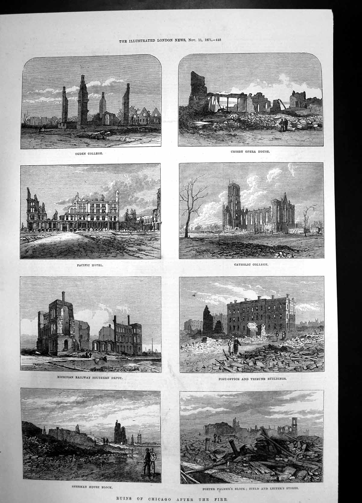 Old Print Ruins Chicago After Fire College Hotel Opera House 1871 Railway 19th