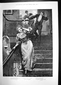 Antique Old Print Race For A Kiss Malempre Stairs Man Women 1894 Dress Suit