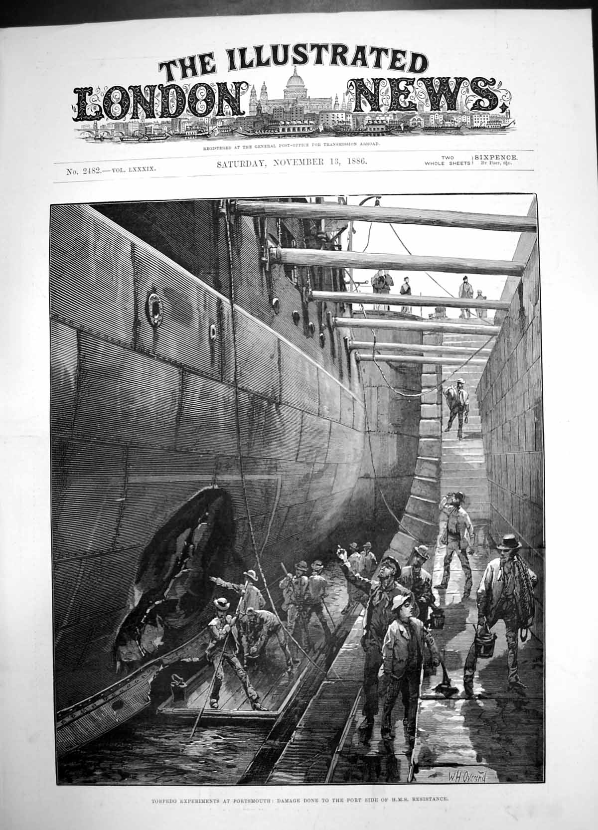 Antique Old Print Torpedo Experiments Portsmouth Damage Port Side Hms 1886 19th