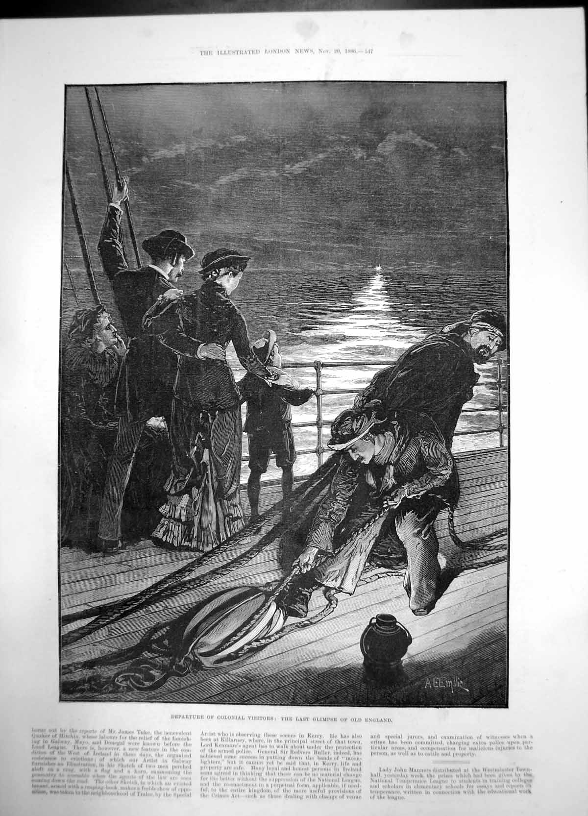 Antique Old Print Departure Colonial Visitors Last Glimpse England 1886 Boat