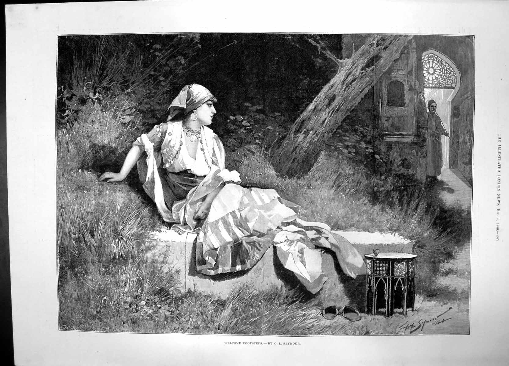 Original Old Antique Print Welcome Footsteps 1886 Woman Man Gypsy Dress Seymour