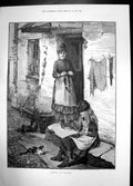 Antique Print Industry And Idleness 1893 Woman Child Cat House Movat Lovdan