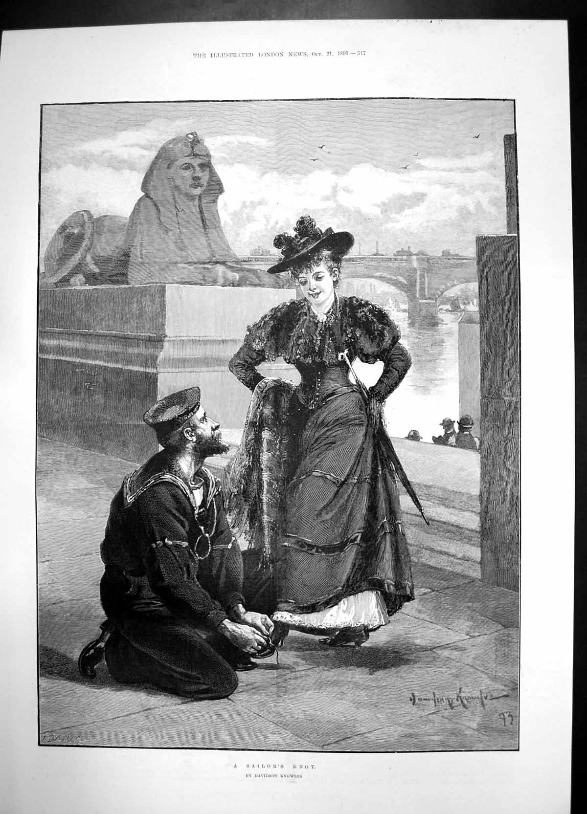 Old Antique Print A Sailors Knot Knowles 1893 Woman Dress Uniform Bridge 19th