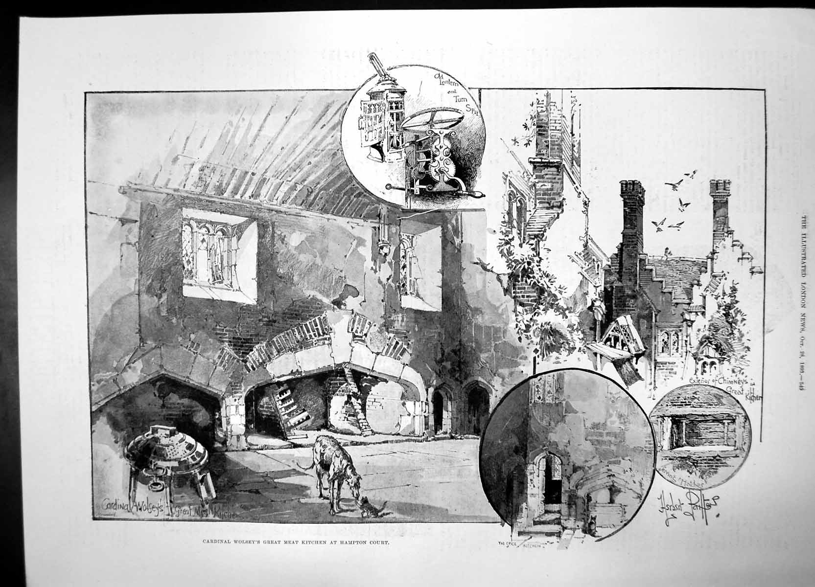 Old Antique Print Cardinal Wolseys Great Meat Kitchen Hampton Court 1893 19th