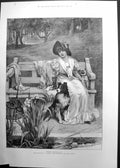 Original Old Antique Print Res Room For Two F Morgan Girl On Bench Wit Dog 1886