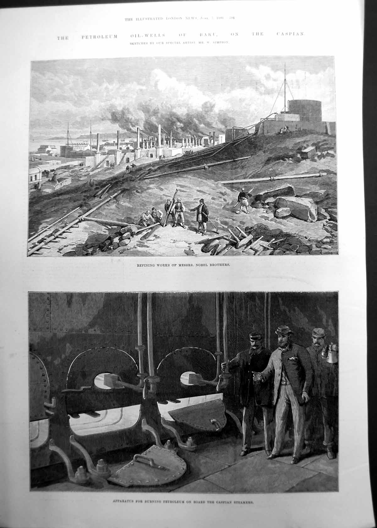 Antique Print Petroliam Oil Wells Baku On Caspian Steamers Nobel Brors 1886