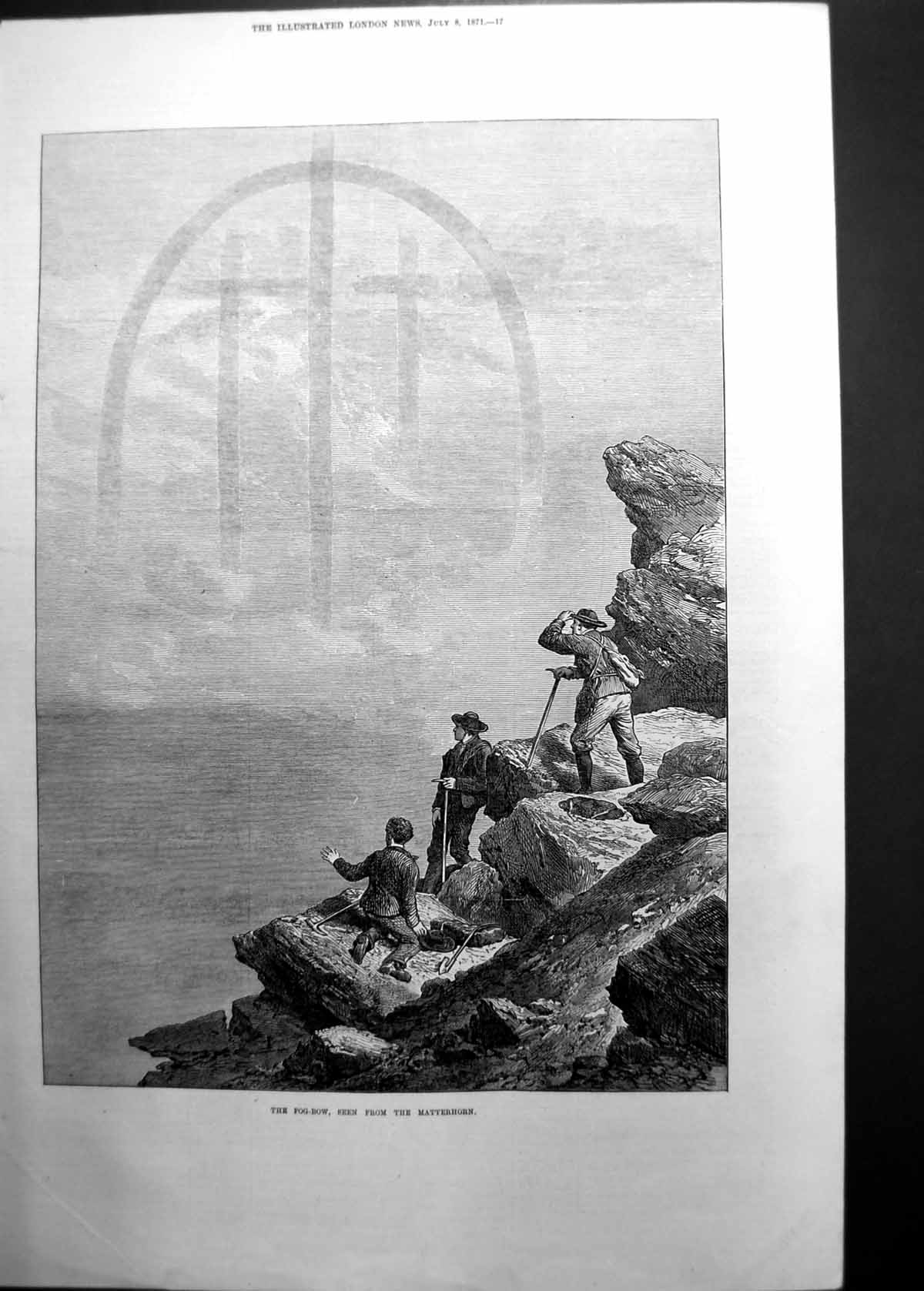 Original Old Antique Print Fog Bow Seen From Matterhorn By Climbers 1871 19th