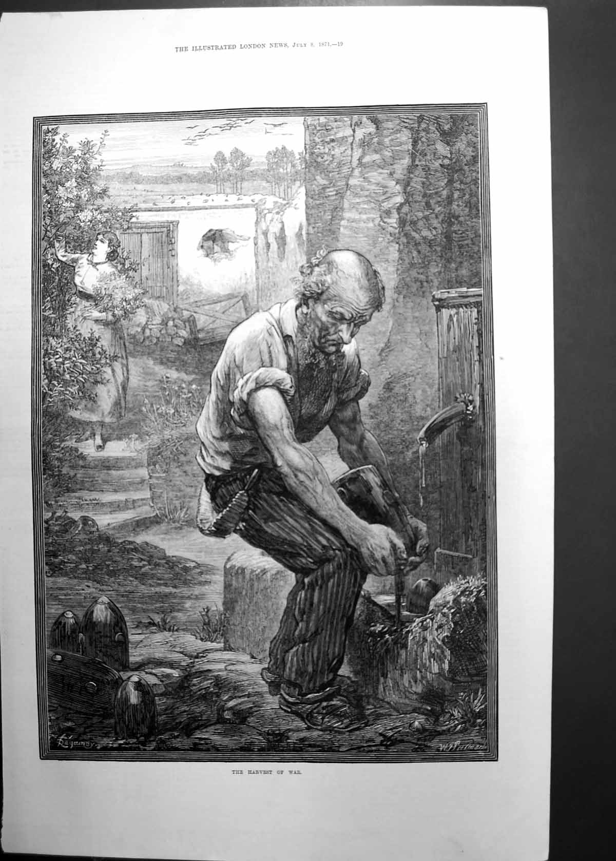 Old Antique Print Harvest War Man Searching Scrap Metal From Shell 1871 19th