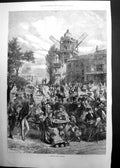 Antique Print Saturday Half Holiday Gravesend Eating Dancing Windmill 1871 19th