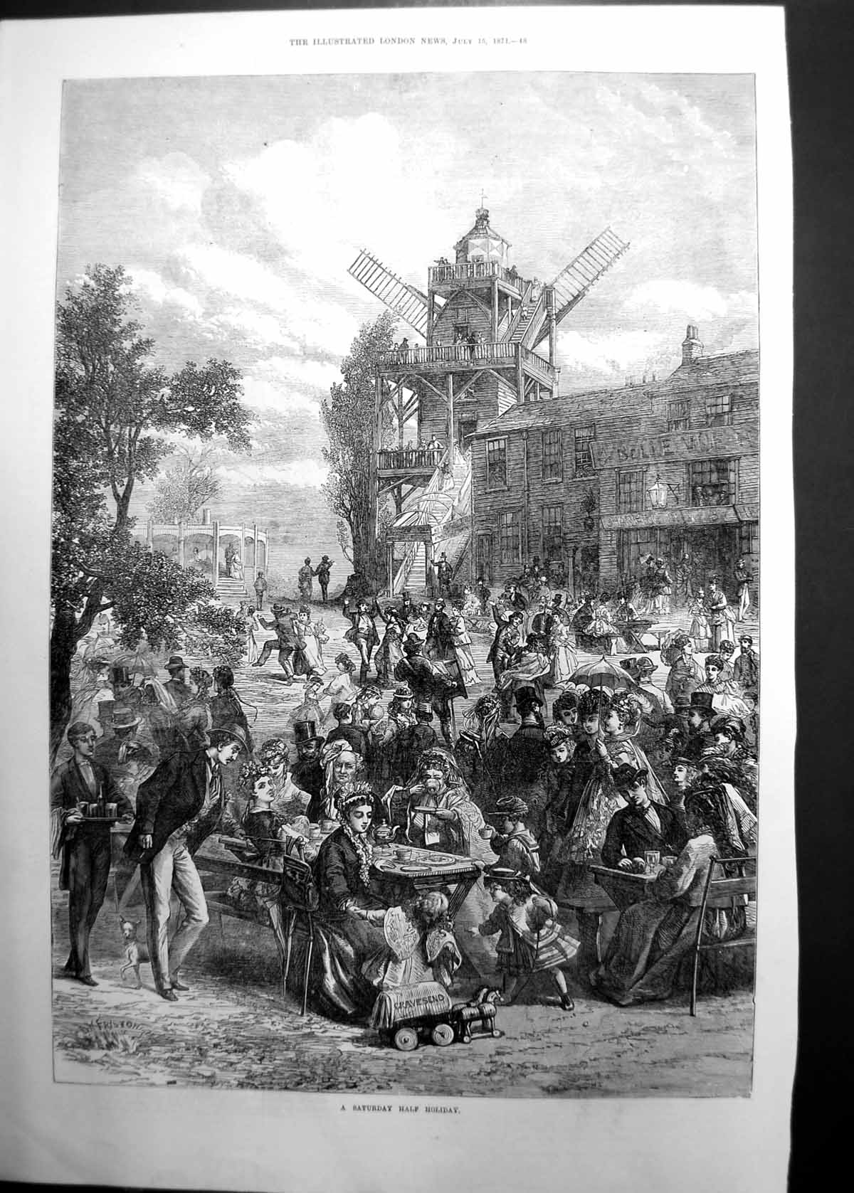 Antique Print Saturday Half Holiday Gravesend Eating Dancing Windmill 1871 19th
