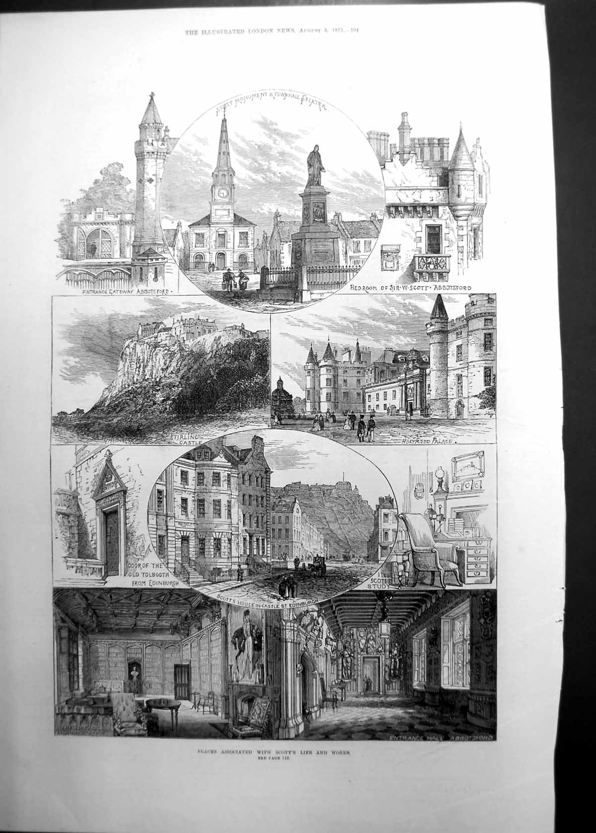 Old Antique Print Abbotsford Holyrood Palace Stirling Castle Selkirk 1871 19th