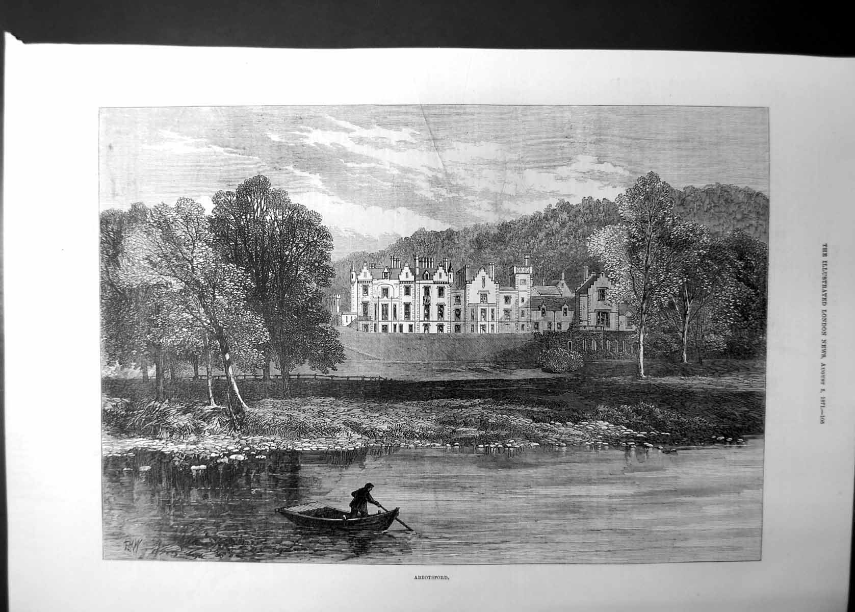 Original Old Antique Print Abbotsford View From River Sir Walter Scott 1871