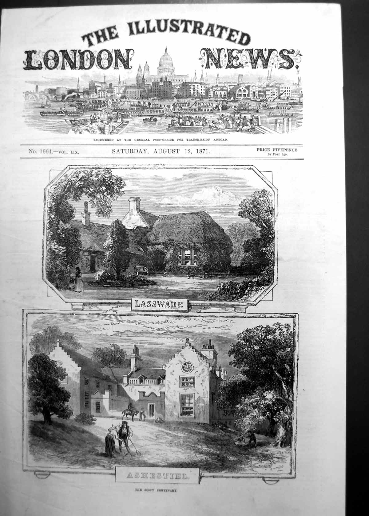 Original Old Antique Print Scott Centenary Lasswade Ashestiel Houses 1871 19th