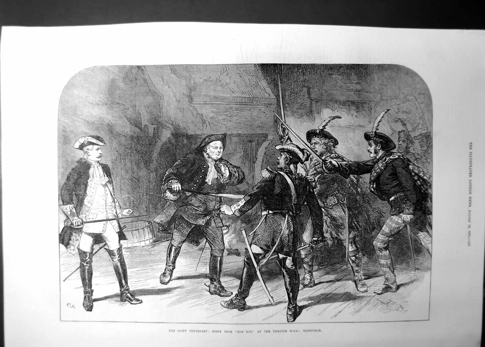 Old Antique Print Scott Centenary Scene Rob Roy Atre Royal Edinburgh 1871 19th