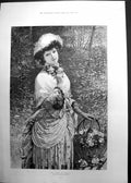 Original Old Antique Print Time Roses Davidson Knowles Girl Picking Roses 1885