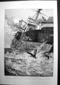 Original Old Antique Print Capsizing Victoria After Collision 1893 Victorian