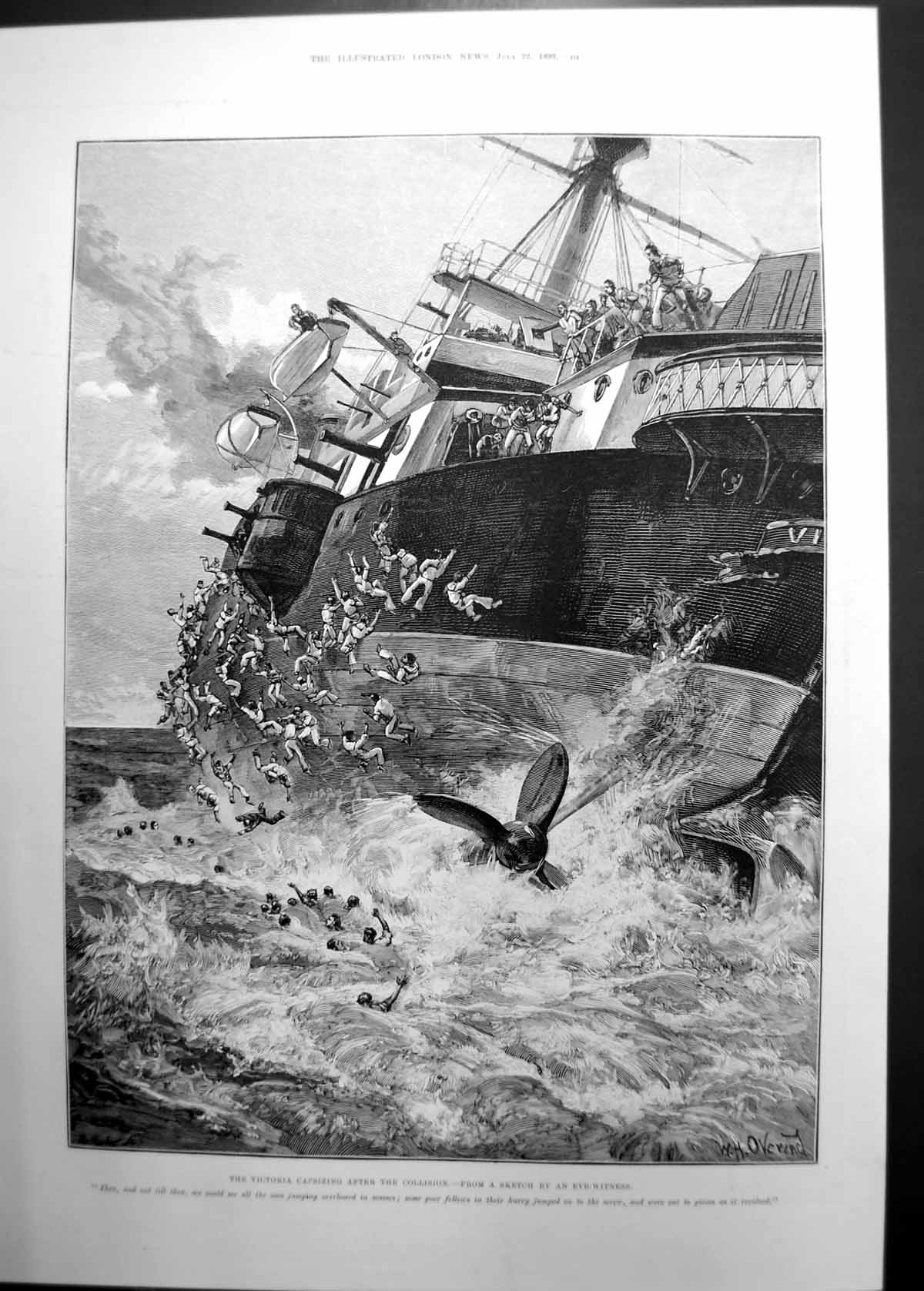 Original Old Antique Print Capsizing Victoria After Collision 1893 Victorian