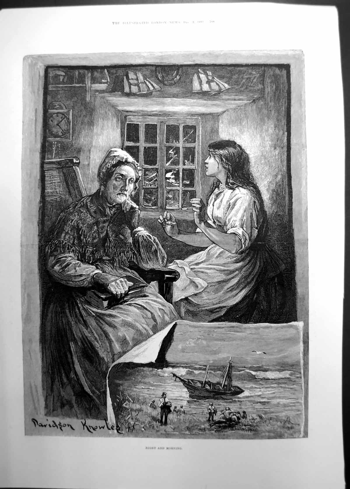 Antique Old Print Night And Morning Davidson Knowles Ladies Fishermen 1893 19th